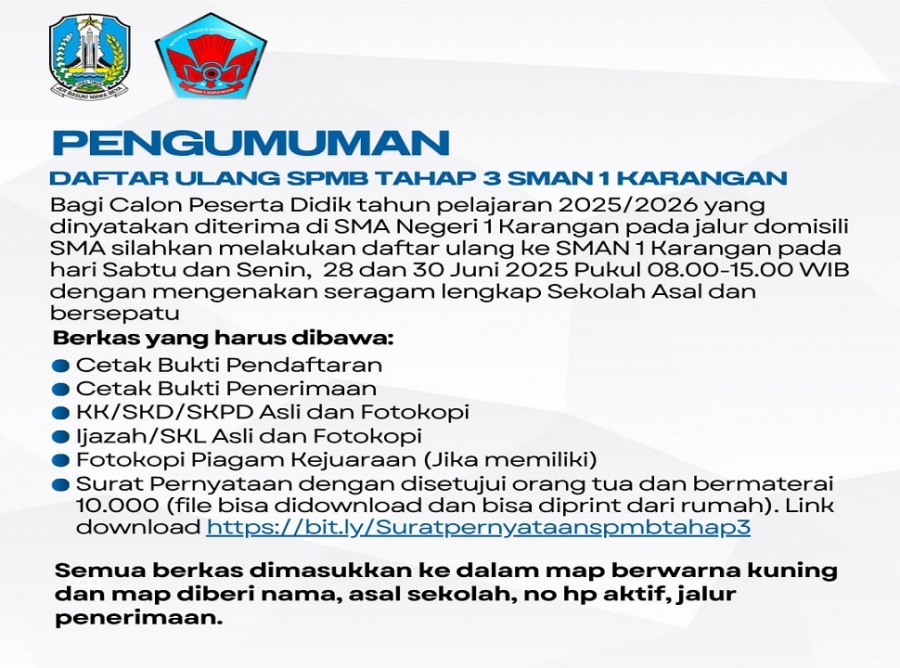 PENGUMUMAN DAFTAR ULANG SPMB TAHAP 3 SMANESKA 2025