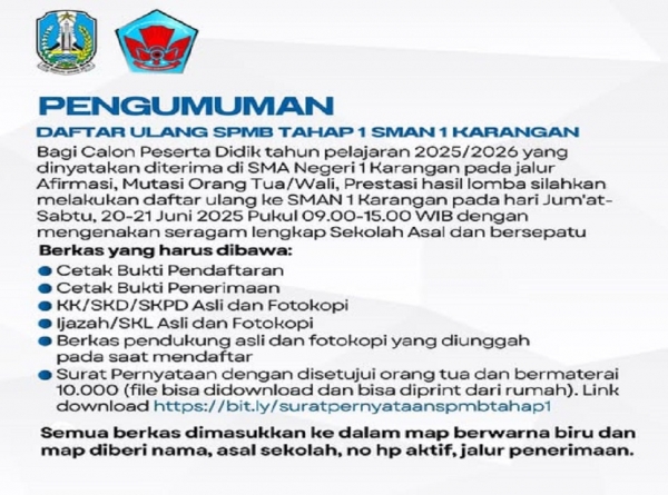PENGUMUMAN DAFTAR ULANG SPMB TAHAP 1 SMANESKA 2025